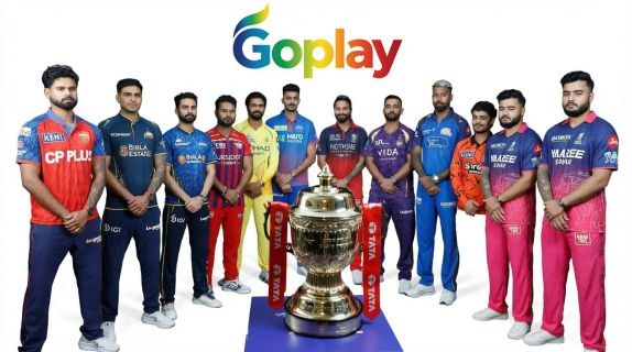 Group of professional cricket players from different teams standing around a trophy with the Goplay logo above them.
